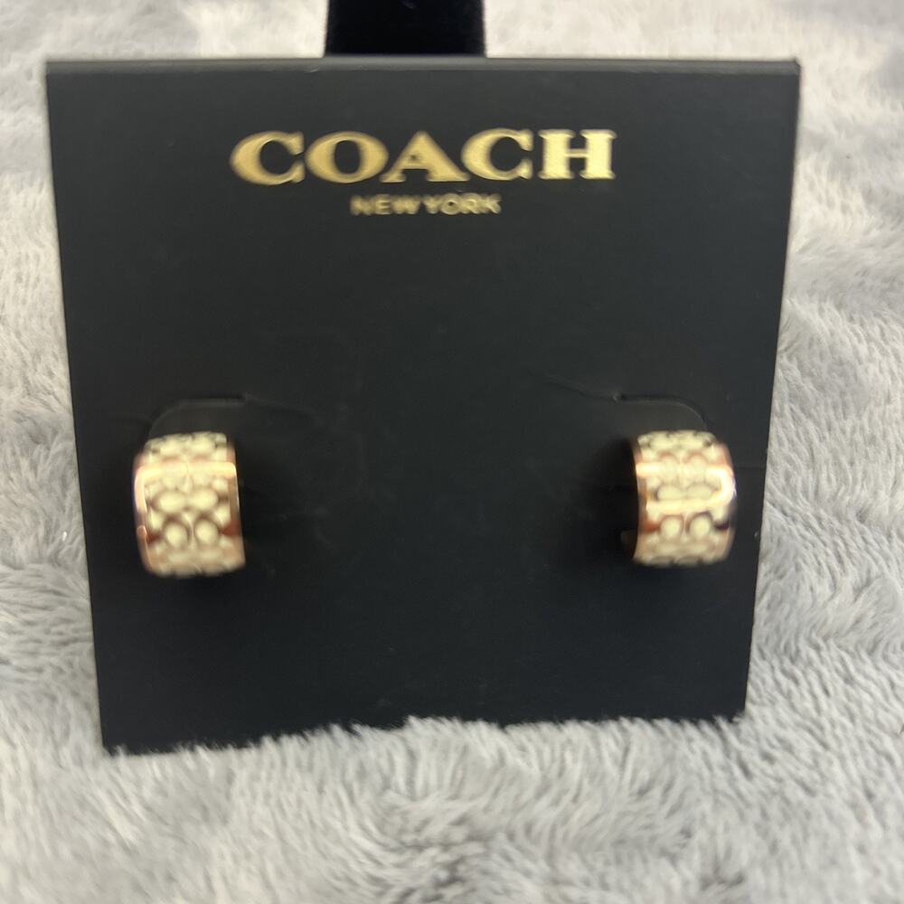 Coach Rose Gold “C” White Logo Huggie Earrings – Signature Engraved Hoops Luxury